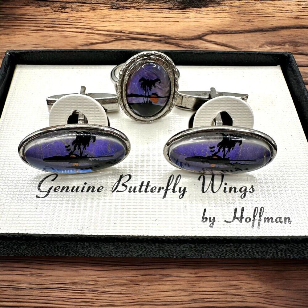 Vintage Hoffman Butterfly Wing Palm Tree Cufflinks & Child Ring Set w/ Box